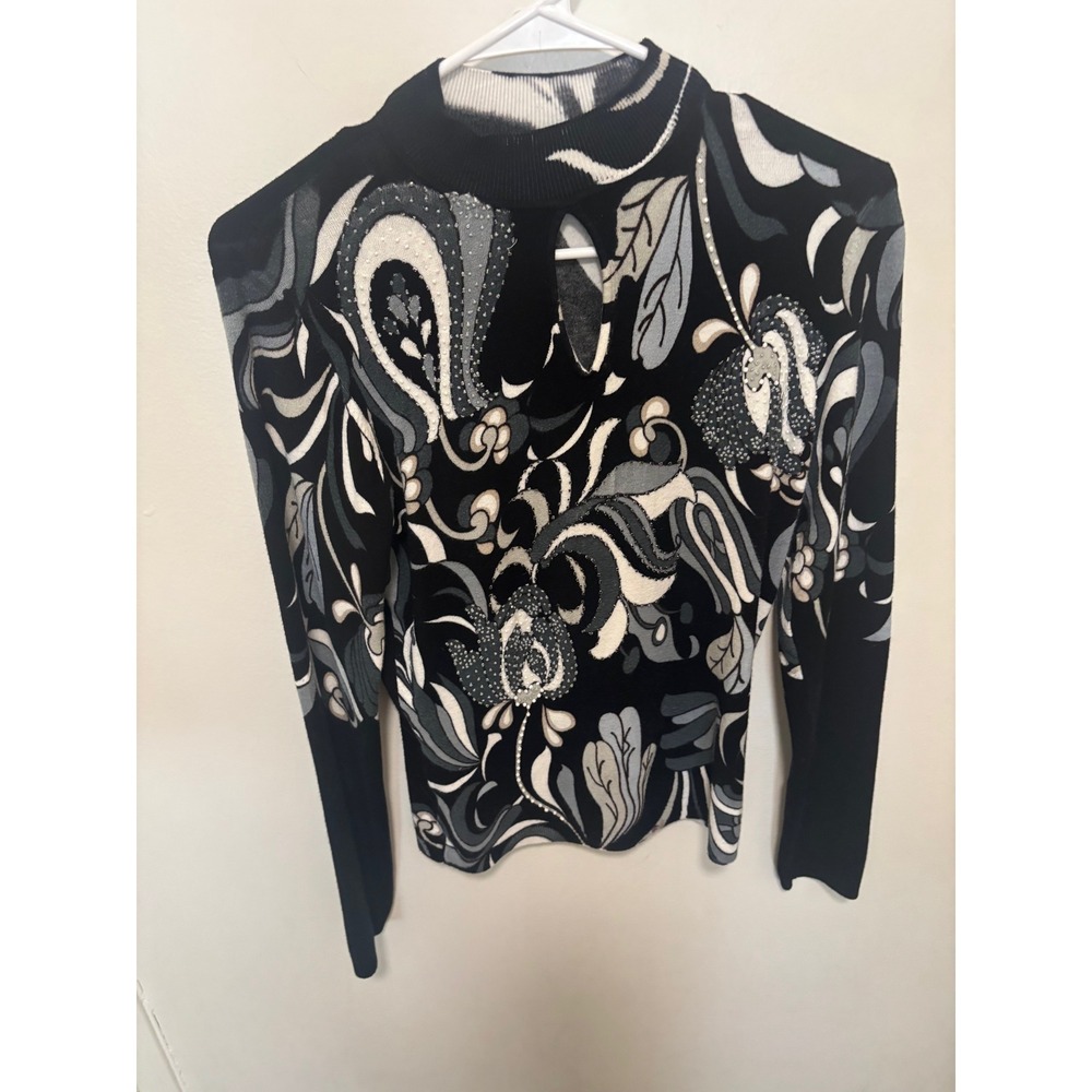 Cabo Womens Medium Black Grey Vintage Paisley Floral Beaded Top